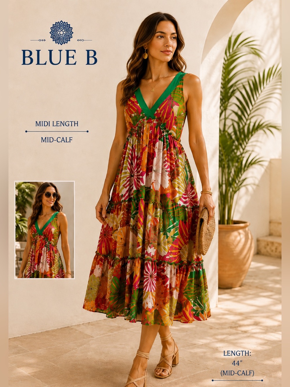 Blue B Tropical Botanical Tiered Midi Dress Open Back Rayon Resort Boho Small